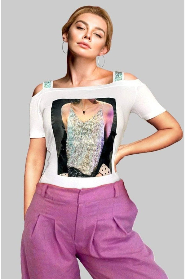 Graphic Cold Shoulder Square Neck White Tee - Hayati London