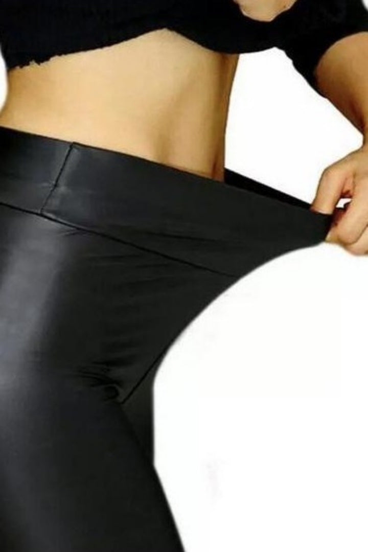 Elastigirl Black Faux Leather High Waisted Elastic Leggings - Hayati London