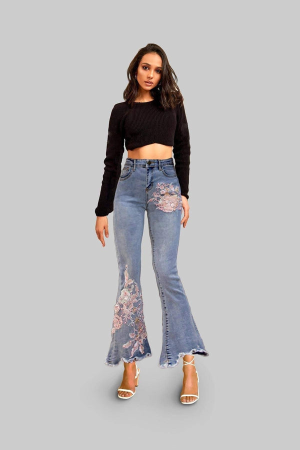 Cherry Blossom Pop Blue Wash Flared Jeans - Hayati London