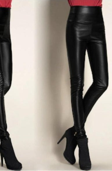 Leather Rebel Thin Velvet High Waisted Faux Leather Leggings - Hayati London